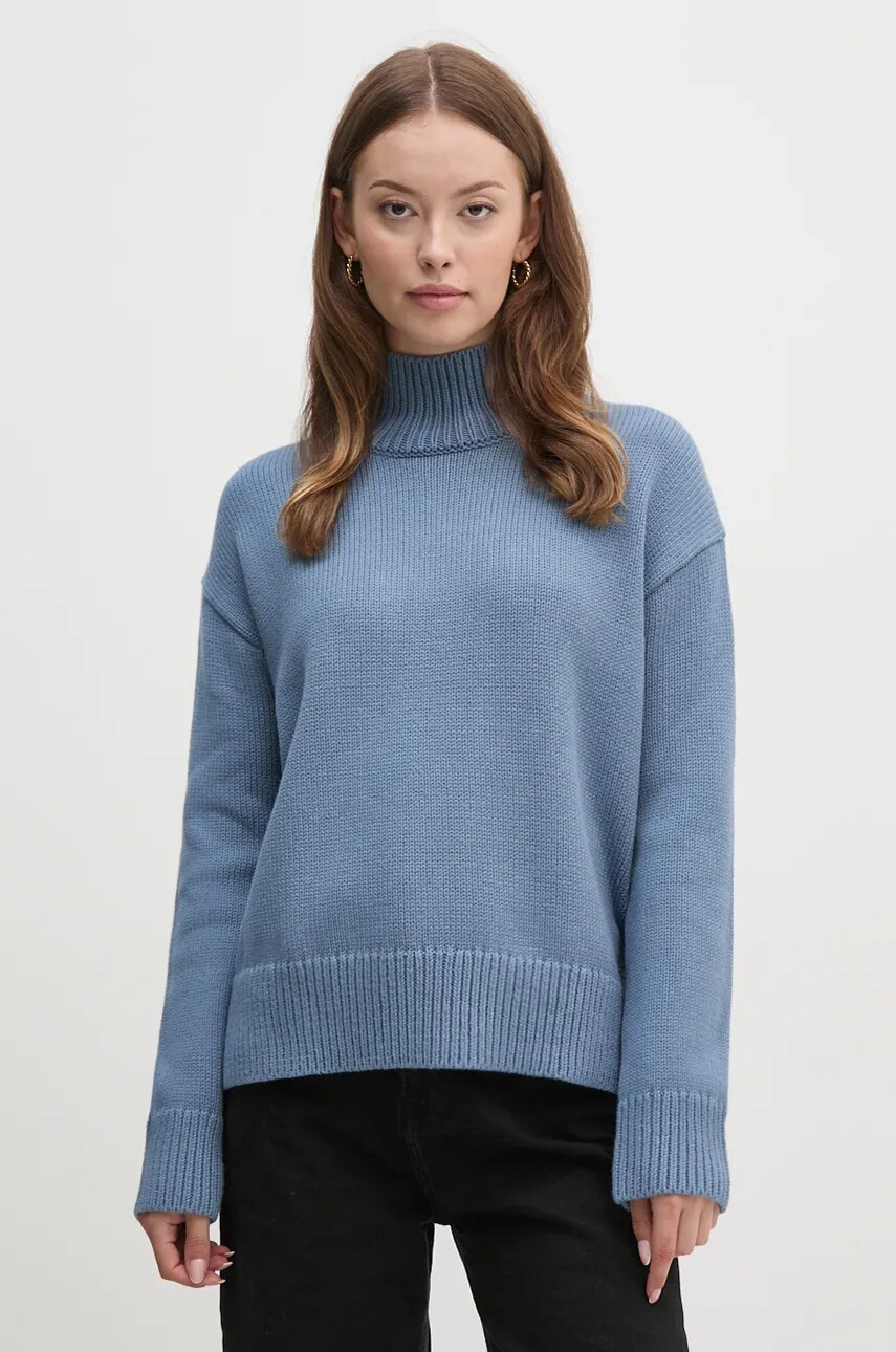 Levně Svetr z vlněné směsi Calvin Klein dámský, modrá barva, s pologolfem, K20K207437