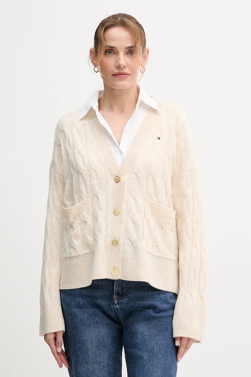 Levně Vlněný kardigan Tommy Hilfiger béžová barva, WW0WW43089