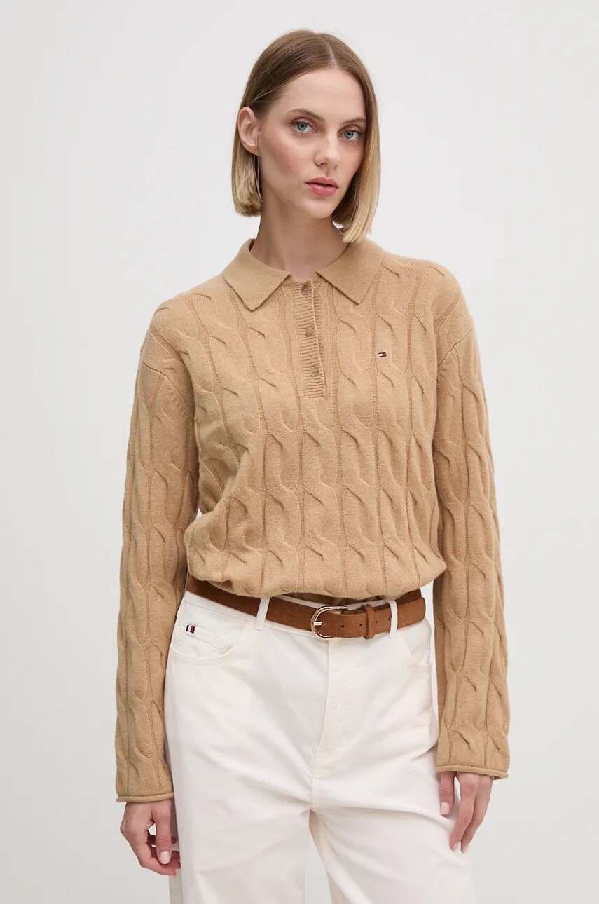 

Вълнен пуловер Tommy Hilfiger дамски в бежово от лека материя WW0WW43090, Бежов