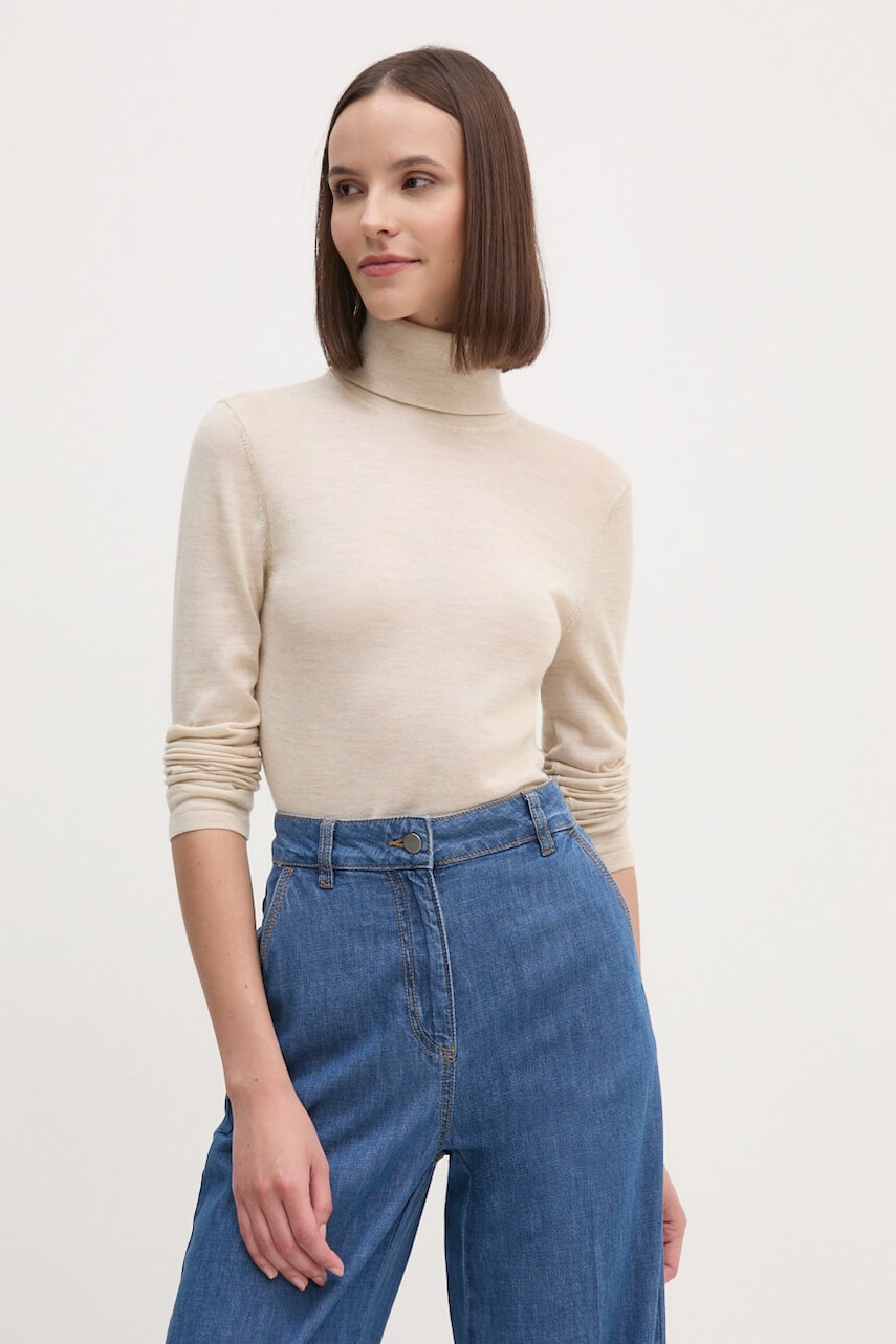 Levně Vlněný svetr Tommy Hilfiger dámský, béžová barva, lehký, s golfem, WW0WW43098