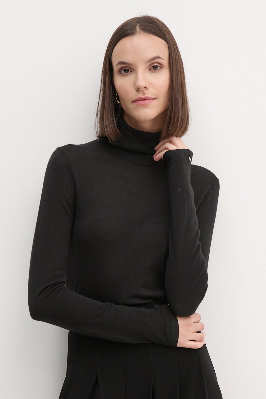 Levně Vlněný svetr Tommy Hilfiger dámský, černá barva, lehký, s golfem, WW0WW43098