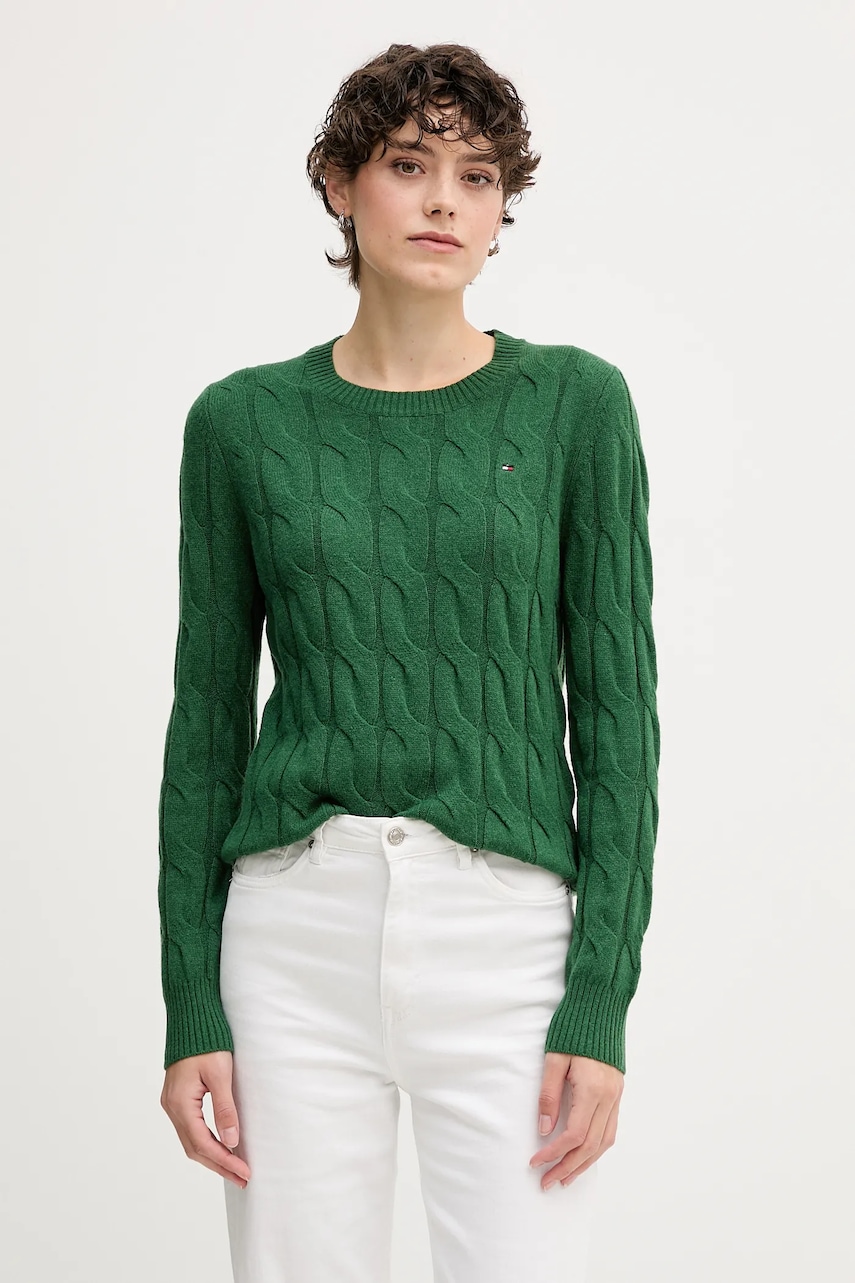 Vlněný svetr Tommy Hilfiger dámský, zelená barva, WW0WW43586