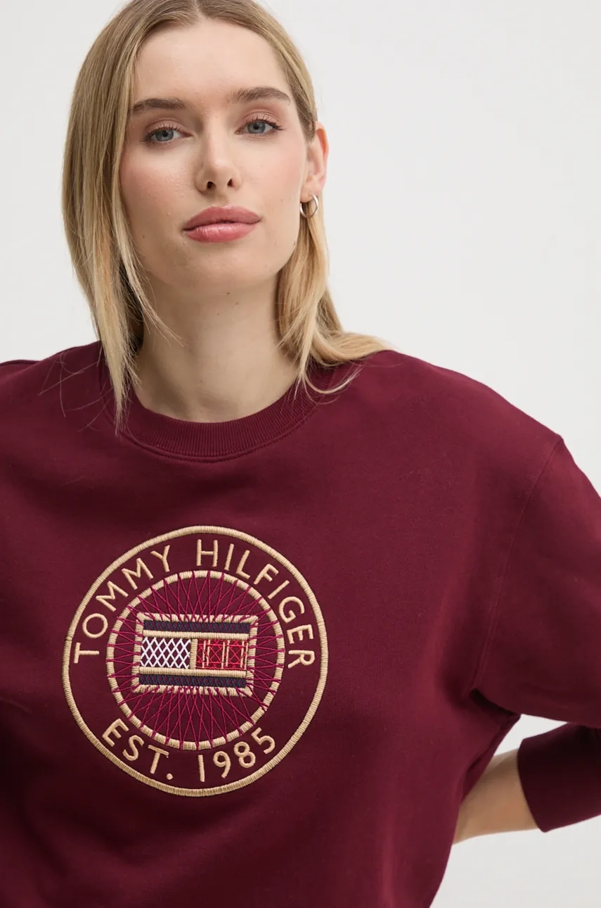 Pamučna dukserica Tommy Hilfiger za žene, boja: bordo, s aplikacijom, WW0WW42891