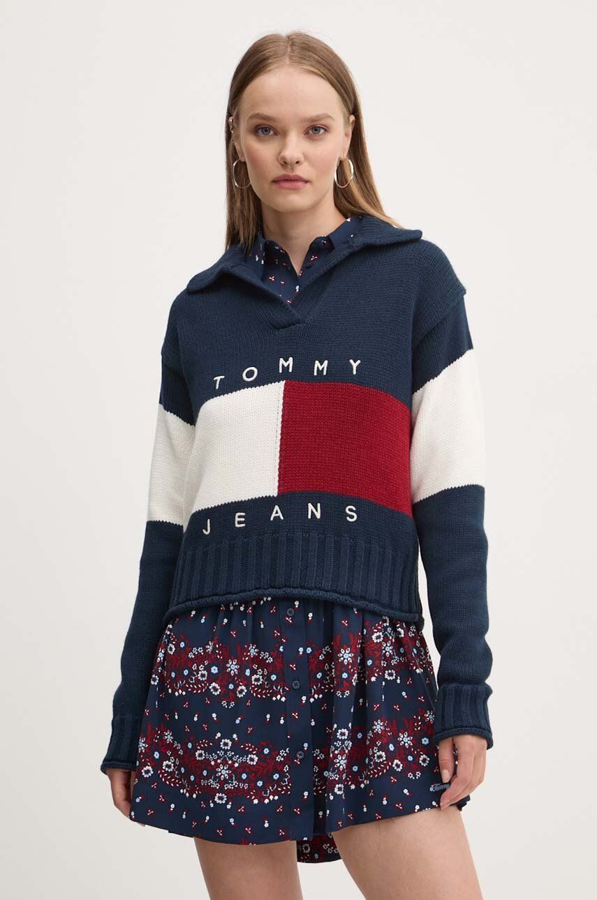 Tommy Jeans pulover din amestec de lana femei, culoarea albastru marin, călduros, DW0DW18677