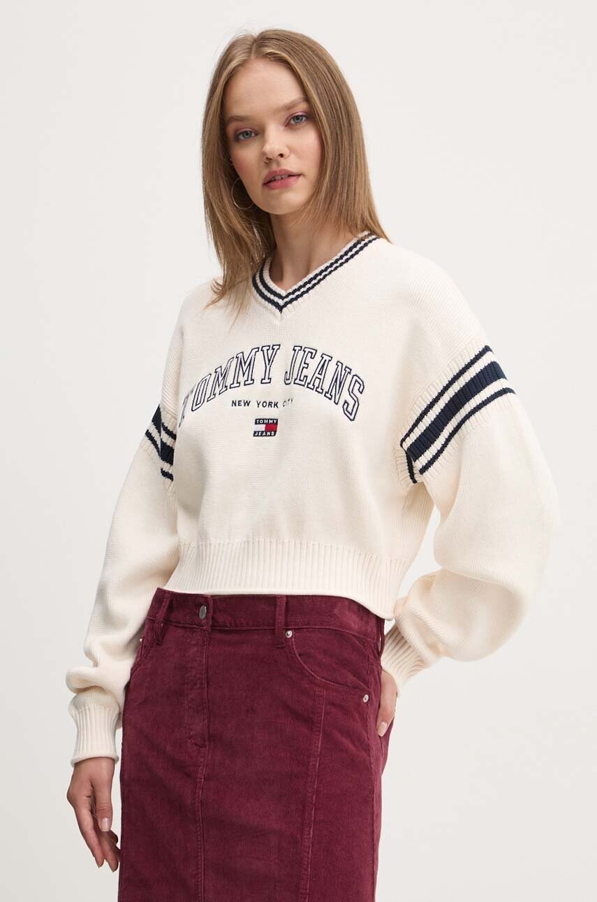 Tommy Jeans pulover de bumbac culoarea bej, calduros, DW0DW18692