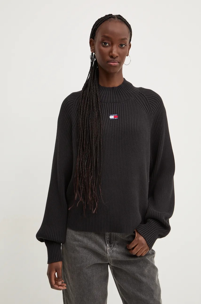 Tommy Jeans pulover de bumbac culoarea negru, cu turtleneck, DW0DW19912