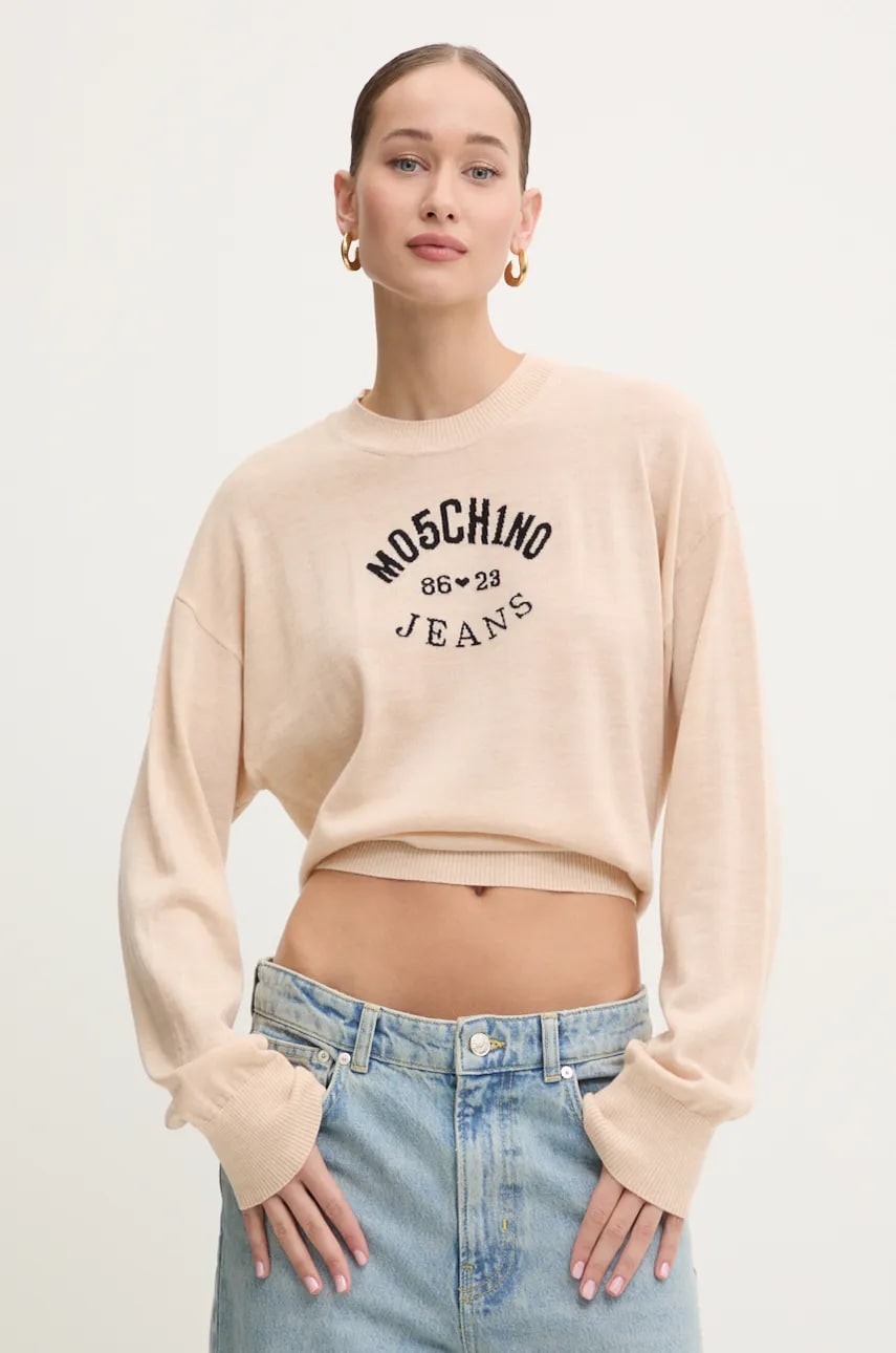 Moschino Jeans pulover de lana femei, culoarea bej, light, J0931 8700 Moschino Jeans pulover de lana femei, culoarea bej, light, J0931 8700