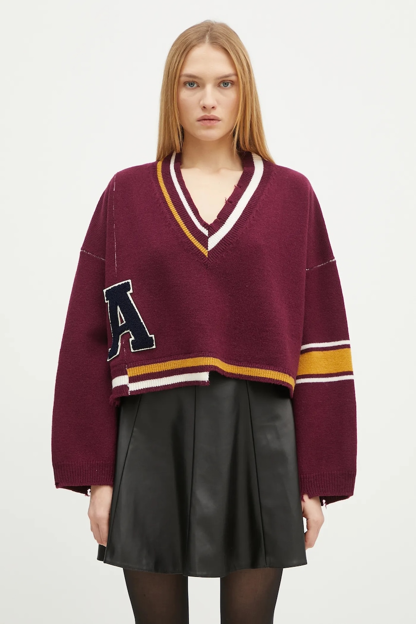 AMBUSH pulover de lână Damaged Rib V Neck Sweater femei, culoarea bordo, călduros, BWHD002F24KNI0012846