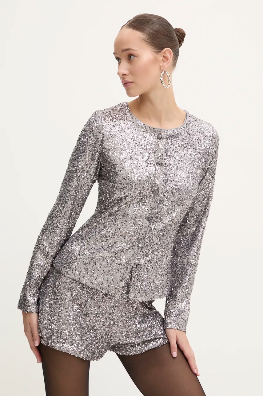 Never Fully Dressed cămașă Gunmetal Alexa Sequin Cardigan femei, culoarea argintiu, regular, NFDTO1583 Never Fully Dressed cămașă Gunmetal Alexa Sequin Cardigan femei, culoarea argintiu, regular, NFDTO1583