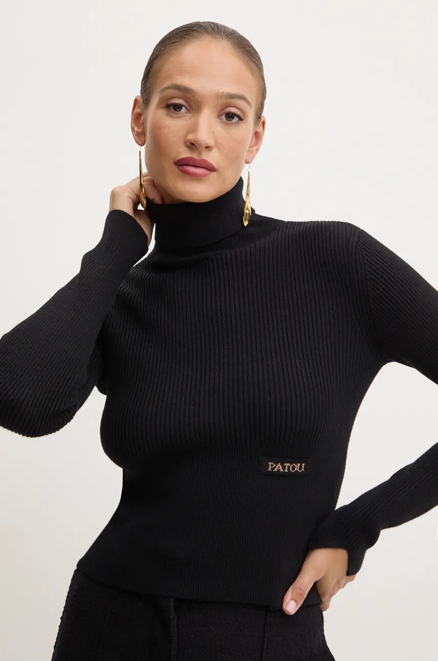 Patou pulover de lana femei, culoarea negru, cu guler, KN1848009 Patou pulover de lana femei, culoarea negru, cu guler, KN1848009