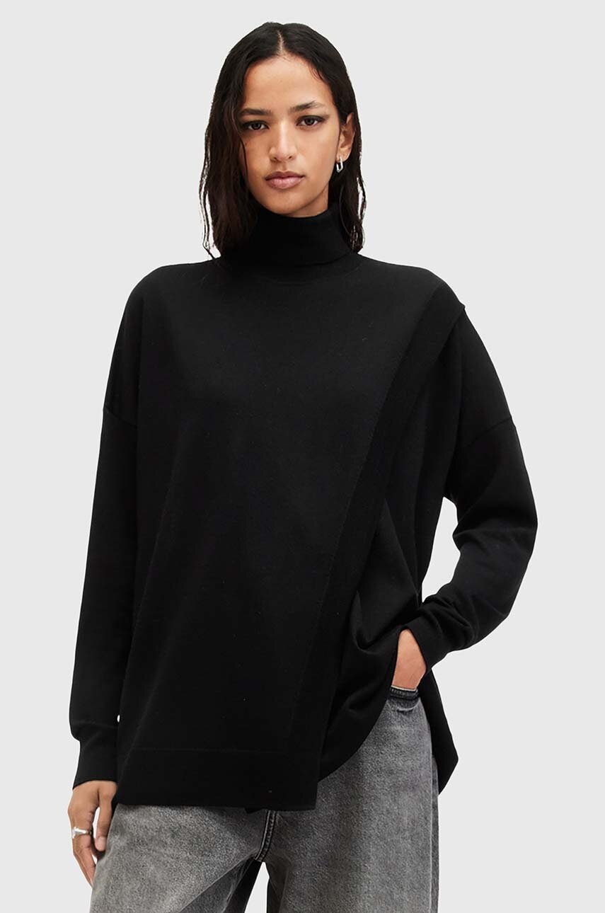 

Вълнен пуловер AllSaints BERN WRAP JUMPER дамски в черно с поло W028KB, Черен