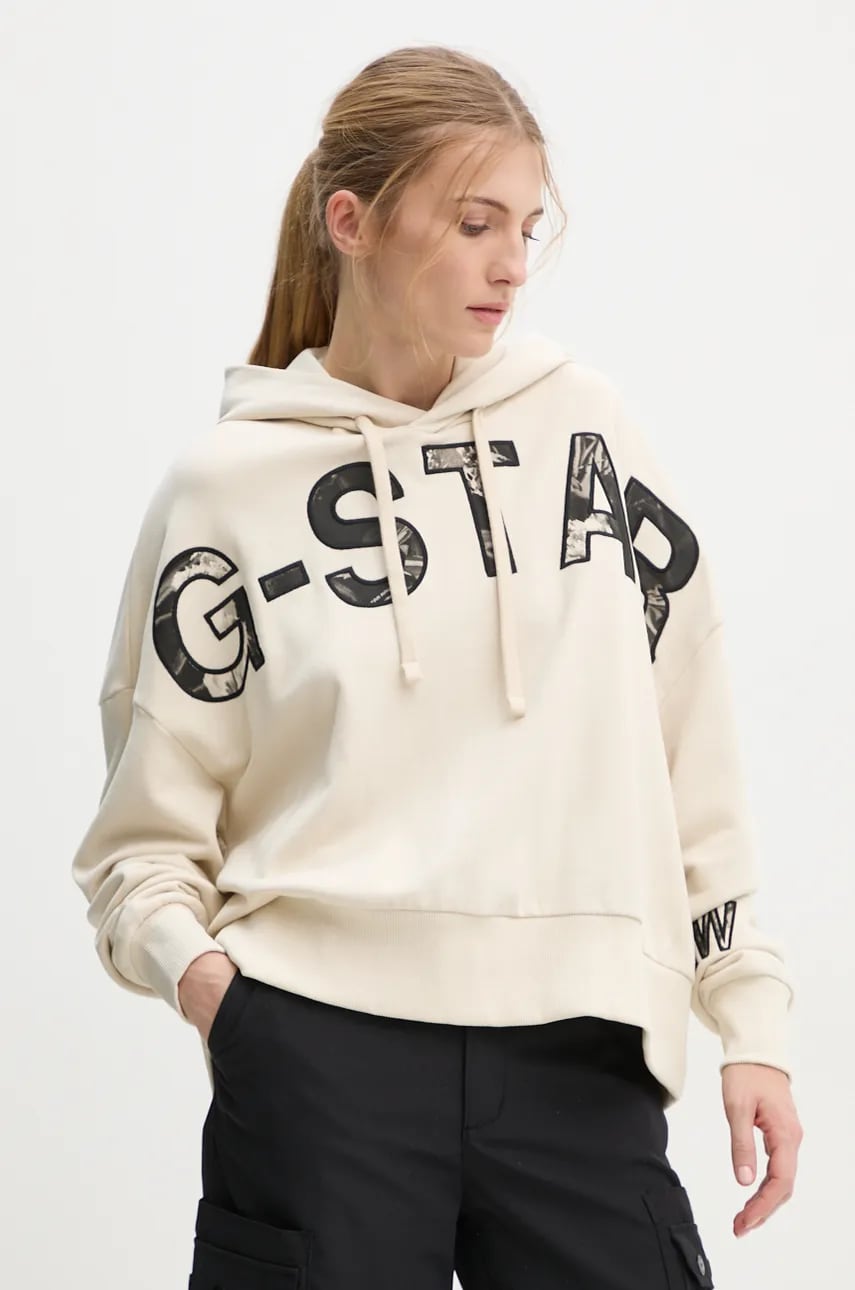 G-Star Raw hanorac de bumbac femei, culoarea bej, cu glugă, cu imprimeu, D25046-D589 G-Star Raw hanorac de bumbac femei, culoarea bej, cu glugă, cu imprimeu, D25046-D589