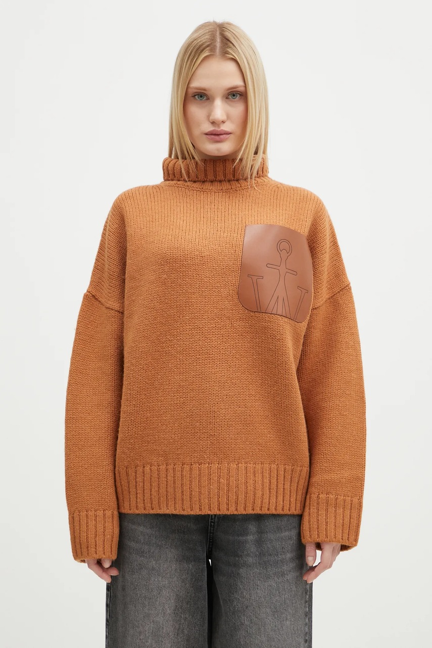 Vlněný svetr JW Anderson Leather Patch Pocket Jumper dámský, oranžová barva, s golfem, KW1292.YN0367.619