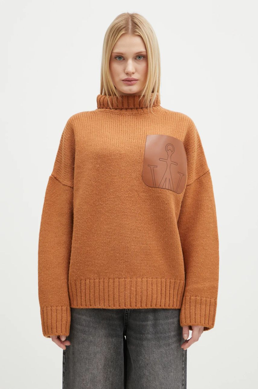 Vuneni pulover JW Anderson Leather Patch Pocket Jumper za žene, boja: narančasta, s dolčevitom, KW1292.YN0367.619