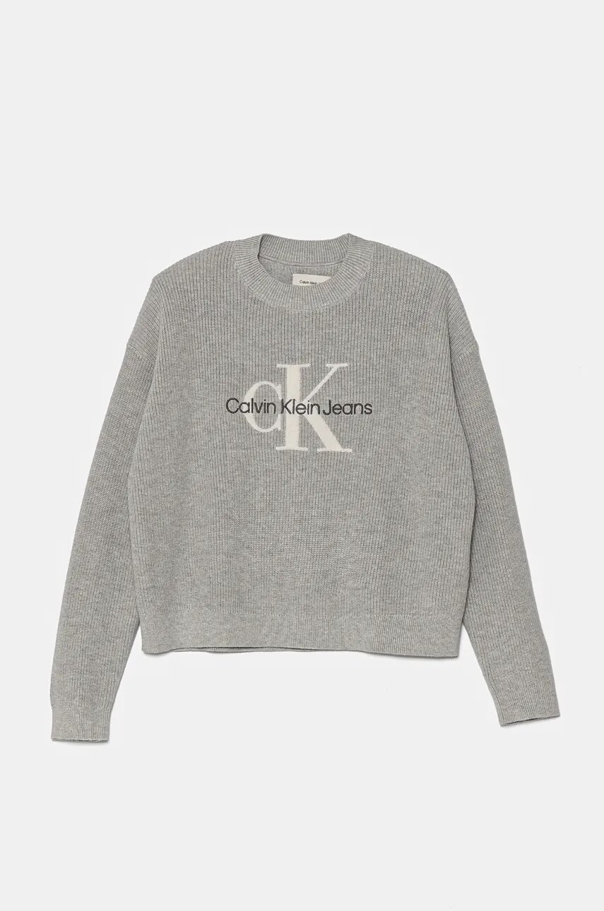 Levně Dětský bavlněný svetr Calvin Klein Jeans šedá barva, lehký, IG0IG02647