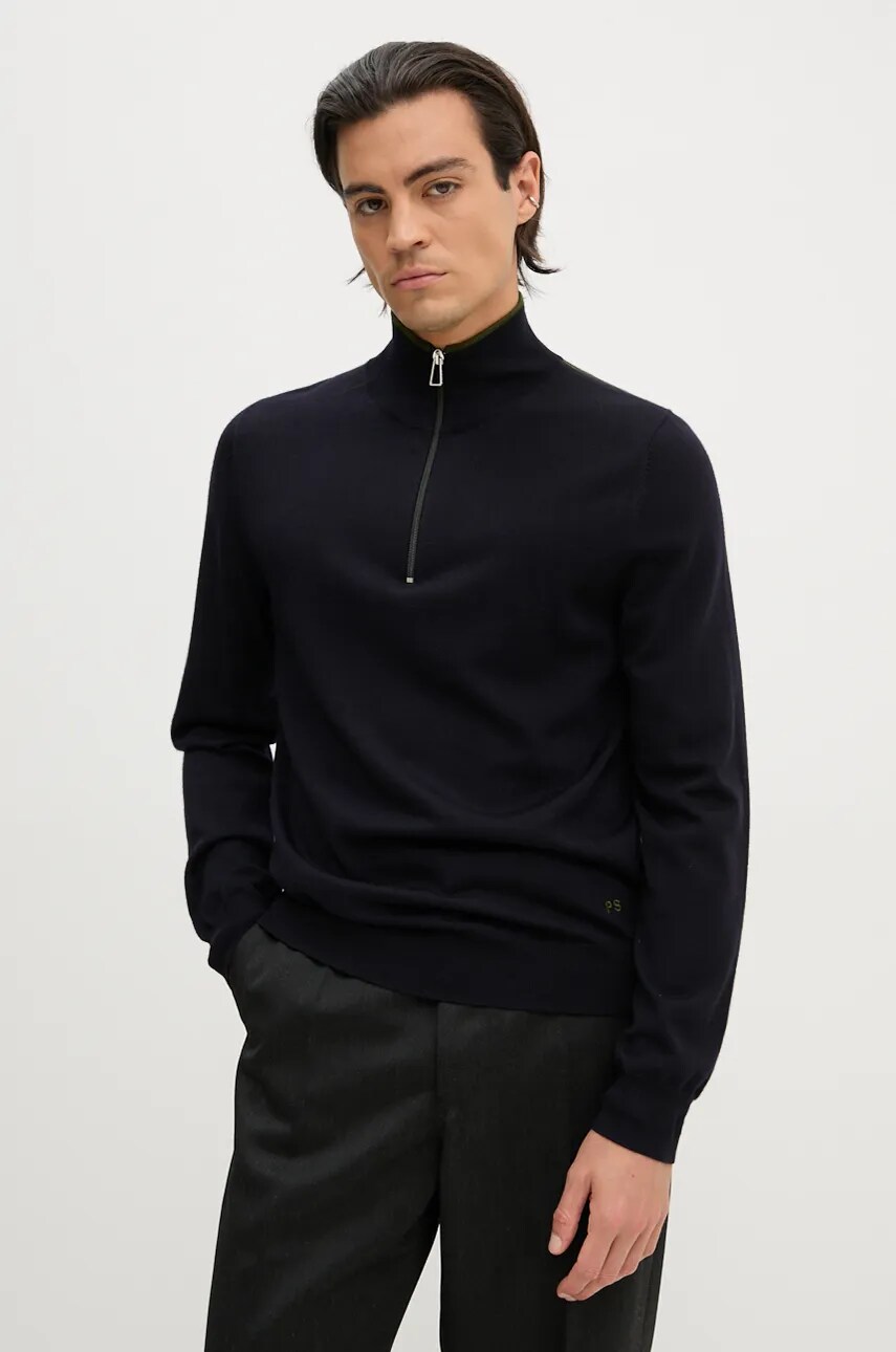 PS Paul Smith pulover de lana barbati, culoarea negru, light, cu guler, M2R.203Y.N21861 PS Paul Smith pulover de lana barbati, culoarea negru, light, cu guler, M2R.203Y.N21861