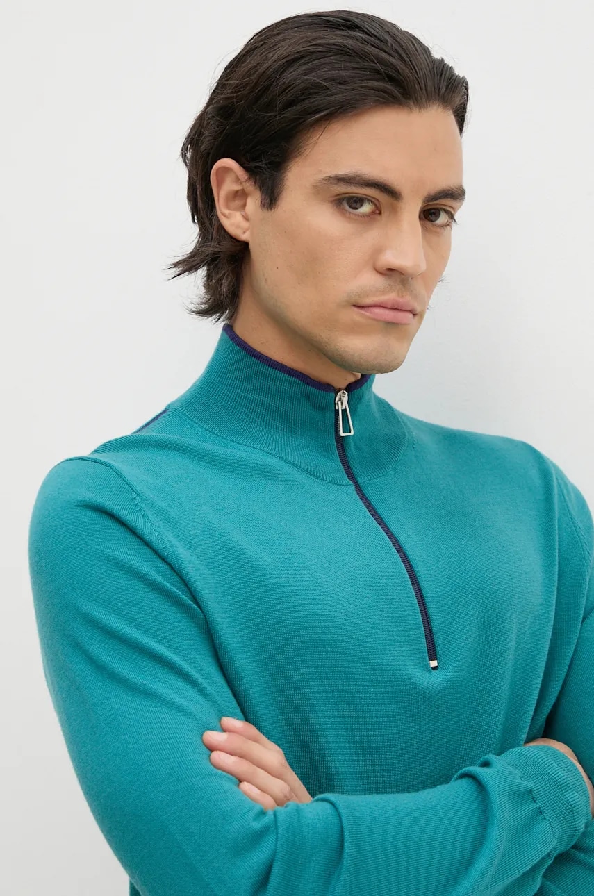 PS Paul Smith pulover de lana barbati, culoarea verde, light, cu guler, M2R.203Y.N21861 PS Paul Smith pulover de lana barbati, culoarea verde, light, cu guler, M2R.203Y.N21861