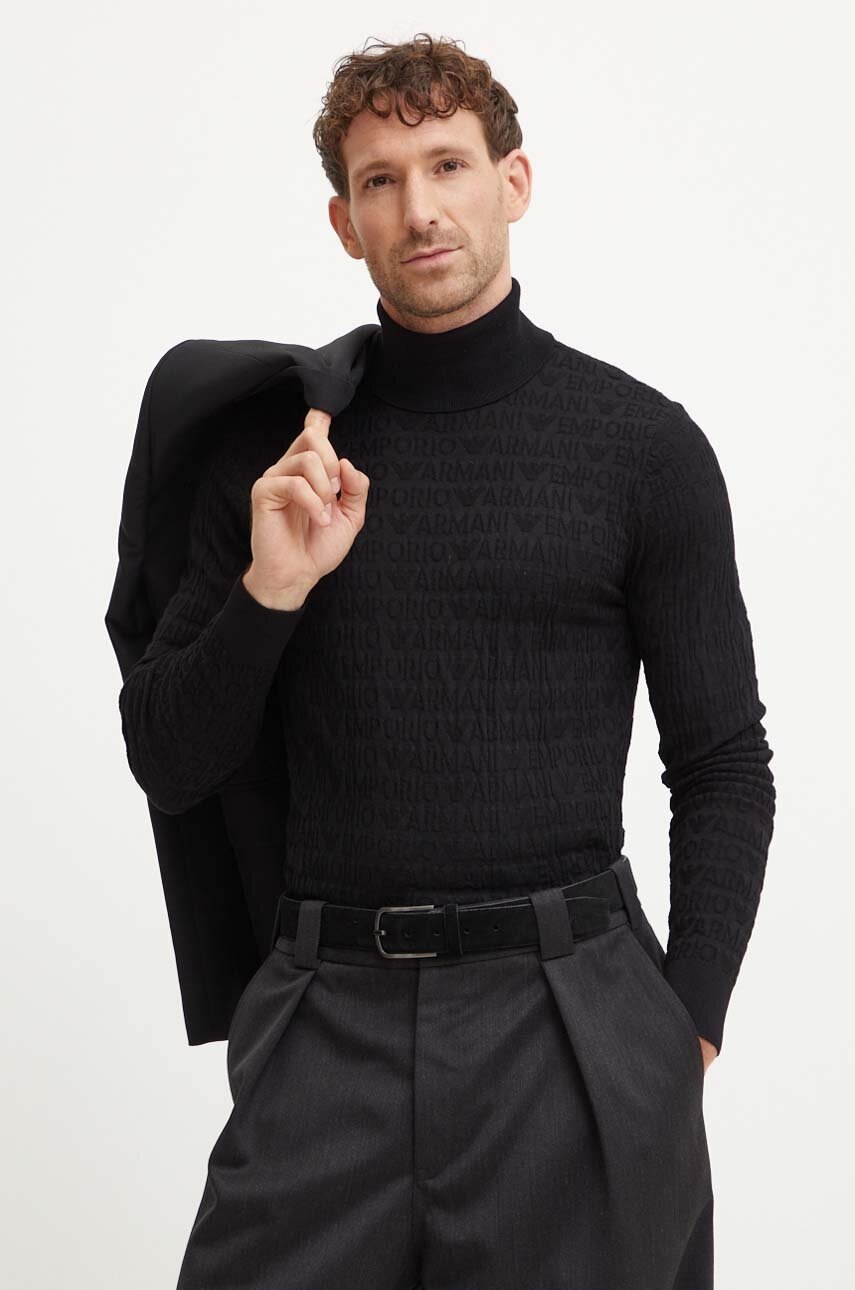 

Вълнен пуловер Emporio Armani мъжки в черно от лека материя с поло 6D1MXJ 1MJMZ, Черен