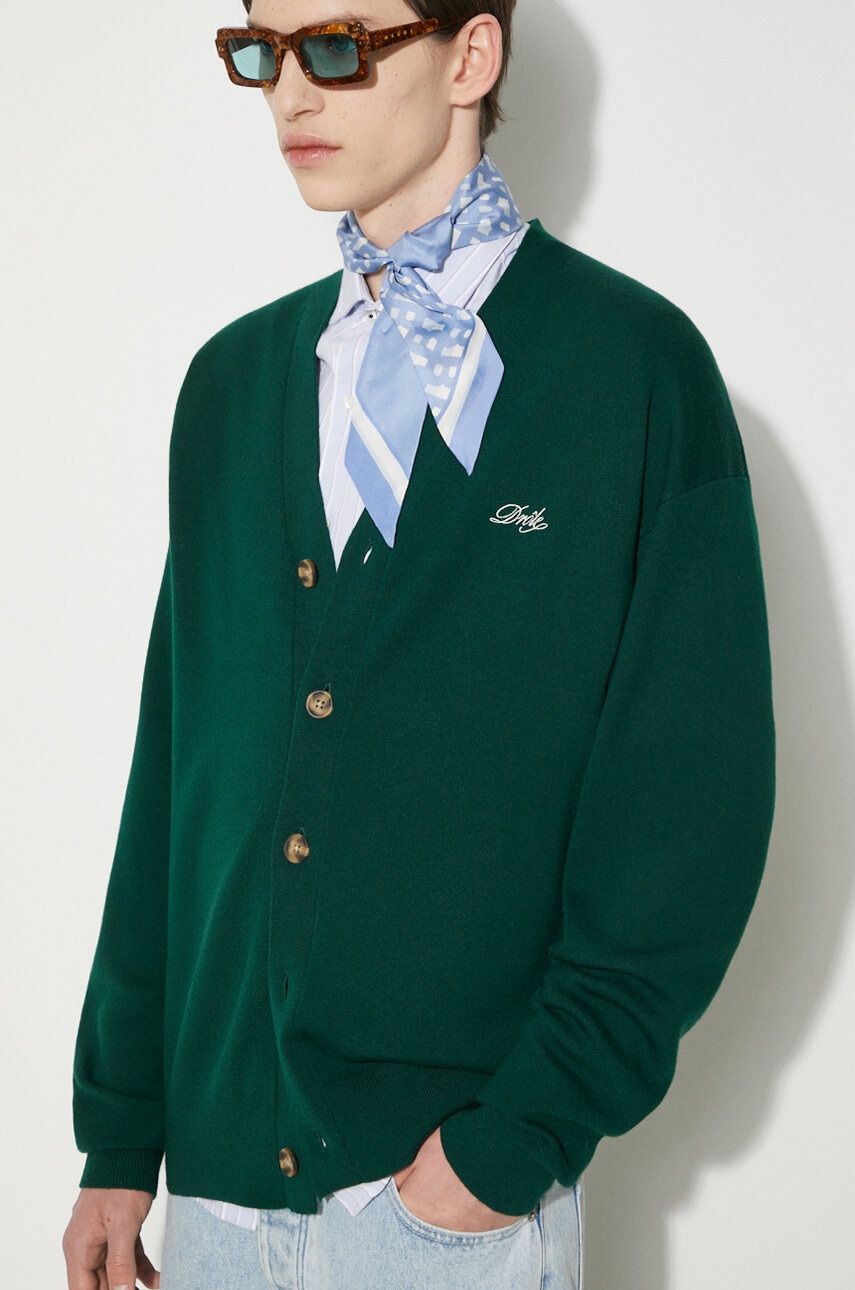 Drôle de Monsieur pulover de lână Le Cardigan Drôle bărbați, culoarea verde, PERM-CA123-WO007-DGN Drôle de Monsieur pulover de lână Le Cardigan Drôle bărbați, culoarea verde, PERM-CA123-WO007-DGN