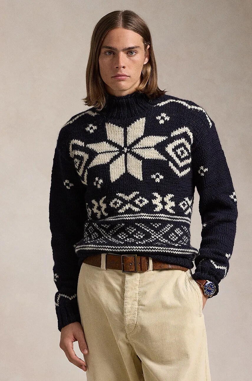 Levně Vlněný svetr Polo Ralph Lauren pánský, modrá barva, hřejivý, s golfem, 710949302