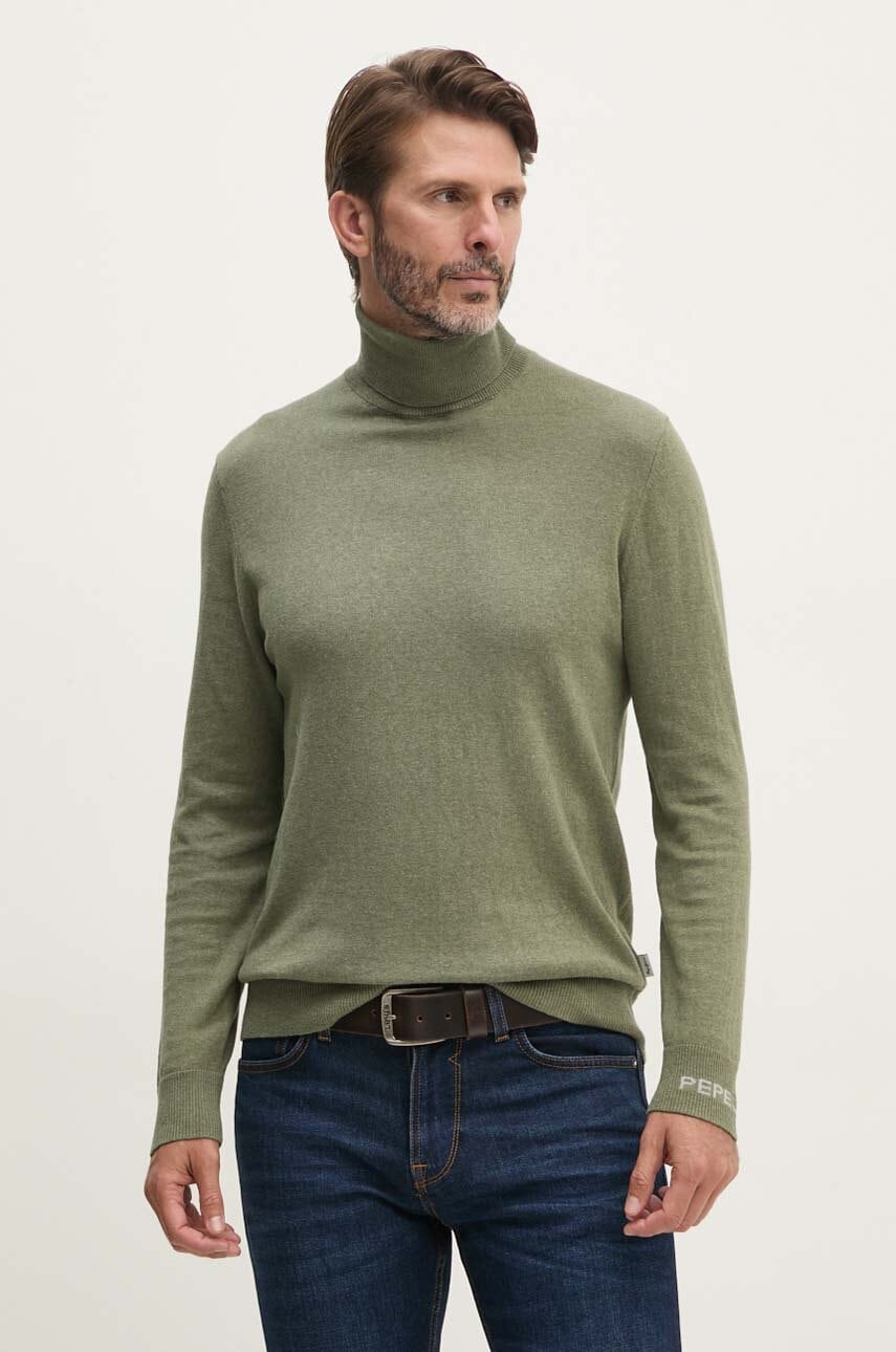 Pepe Jeans pulover din amestec de lana NEW ANDRE TURTLE NECK barbati, culoarea verde, light, cu guler, PM702470
