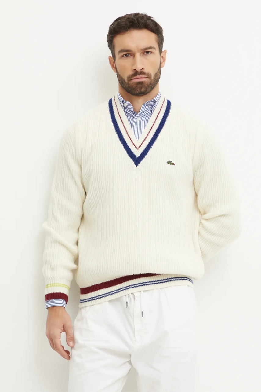 Lacoste pulover de lana barbati, culoarea bej, călduros, AH3133