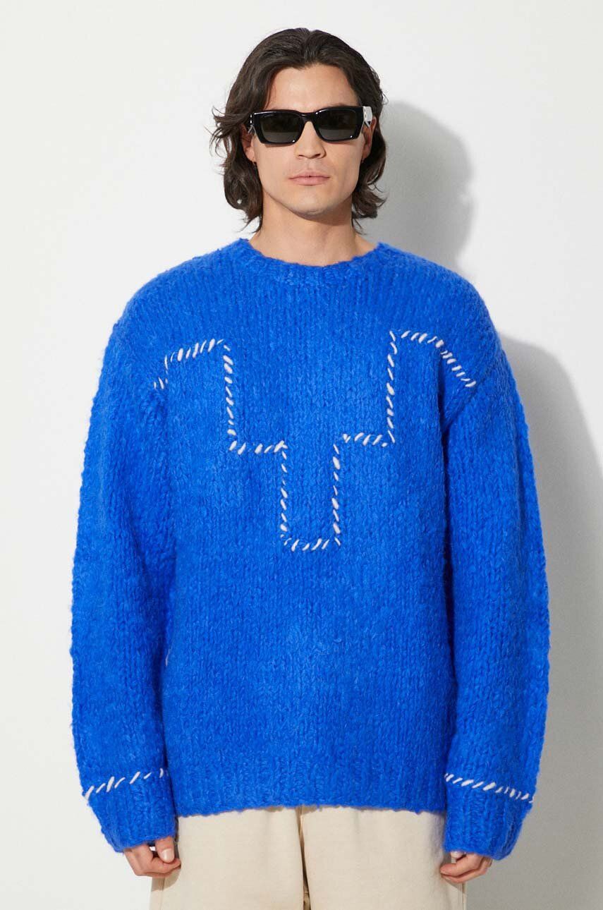 Svetr z vlněné směsi Marcelo Burlon Cross Block Knit Comfort Crew pánský, tmavomodrá barva, hřejivý, CMHE035F24KNI0054501