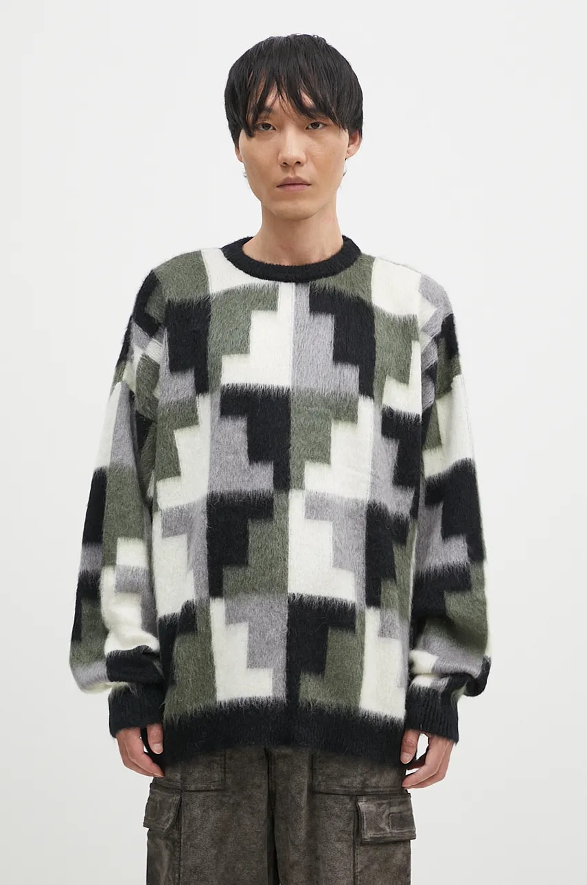 Marcelo Burlon pulover din amestec de mohair AOP Damier Cross Knit Crew culoarea gri, CMHE036F24KNI001066E Marcelo Burlon pulover din amestec de mohair AOP Damier Cross Knit Crew culoarea gri, CMHE036F24KNI001066E