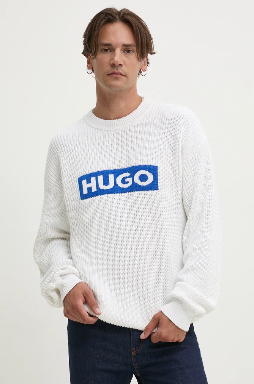 Hugo Blue pulover de bumbac culoarea alb, 50525363