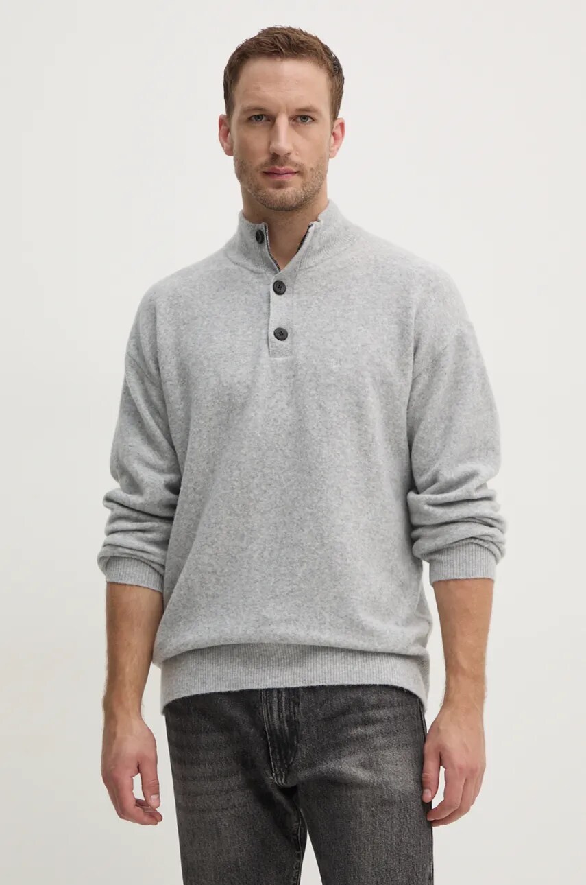 Levně Vlněný svetr Calvin Klein pánský, šedá barva, lehký, s golfem, K10K113751