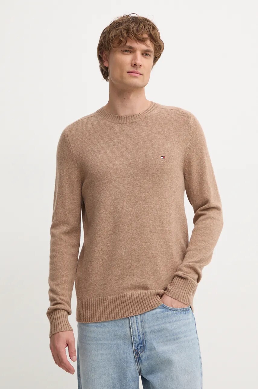 Levně Svetr Tommy Hilfiger pánský, béžová barva, lehký, MW0MW36535
