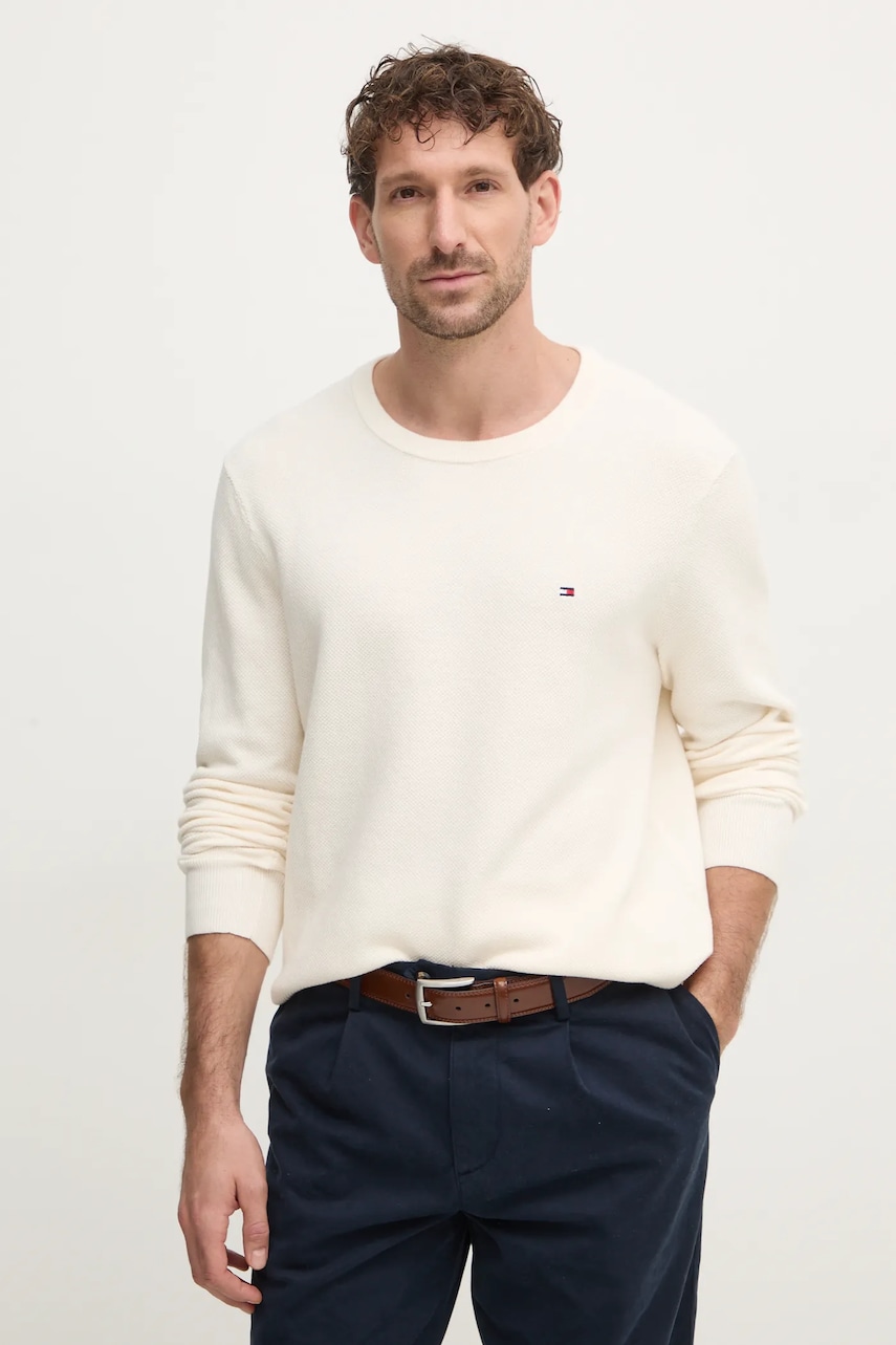 Bavlněný svetr Tommy Hilfiger béžová barva, lehký, MW0MW36347