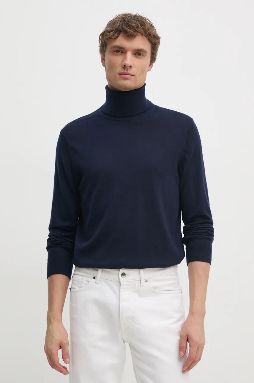 Levně Vlněný svetr Tommy Hilfiger pánský, tmavomodrá barva, lehký, s golfem, MW0MW36537