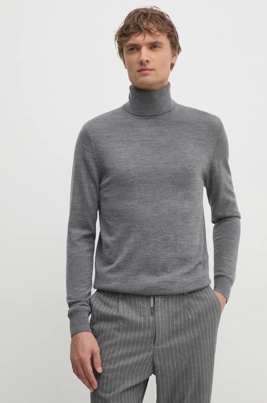 Levně Vlněný svetr Tommy Hilfiger pánský, šedá barva, lehký, s golfem, MW0MW36537