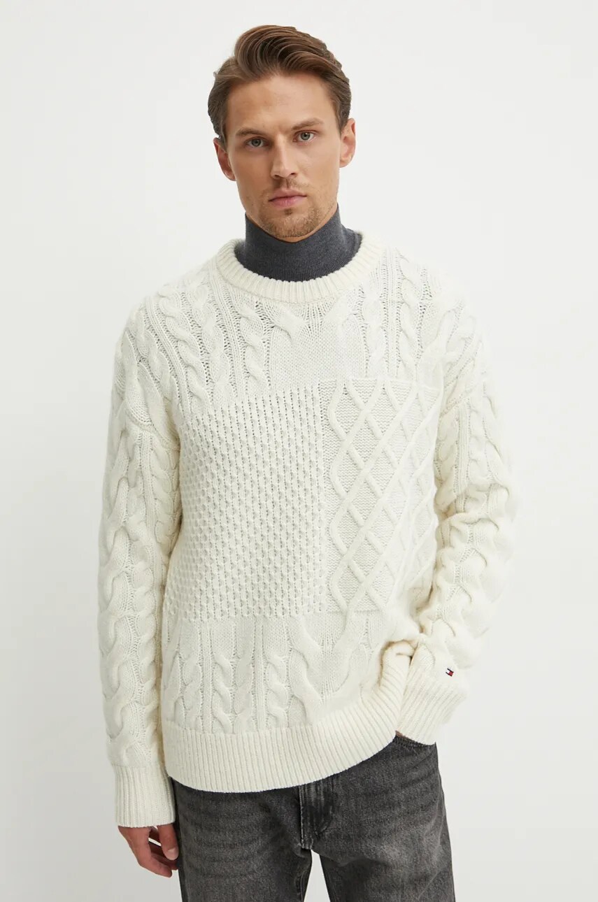 Levně Vlněný svetr Tommy Hilfiger pánský, béžová barva, MW0MW36546