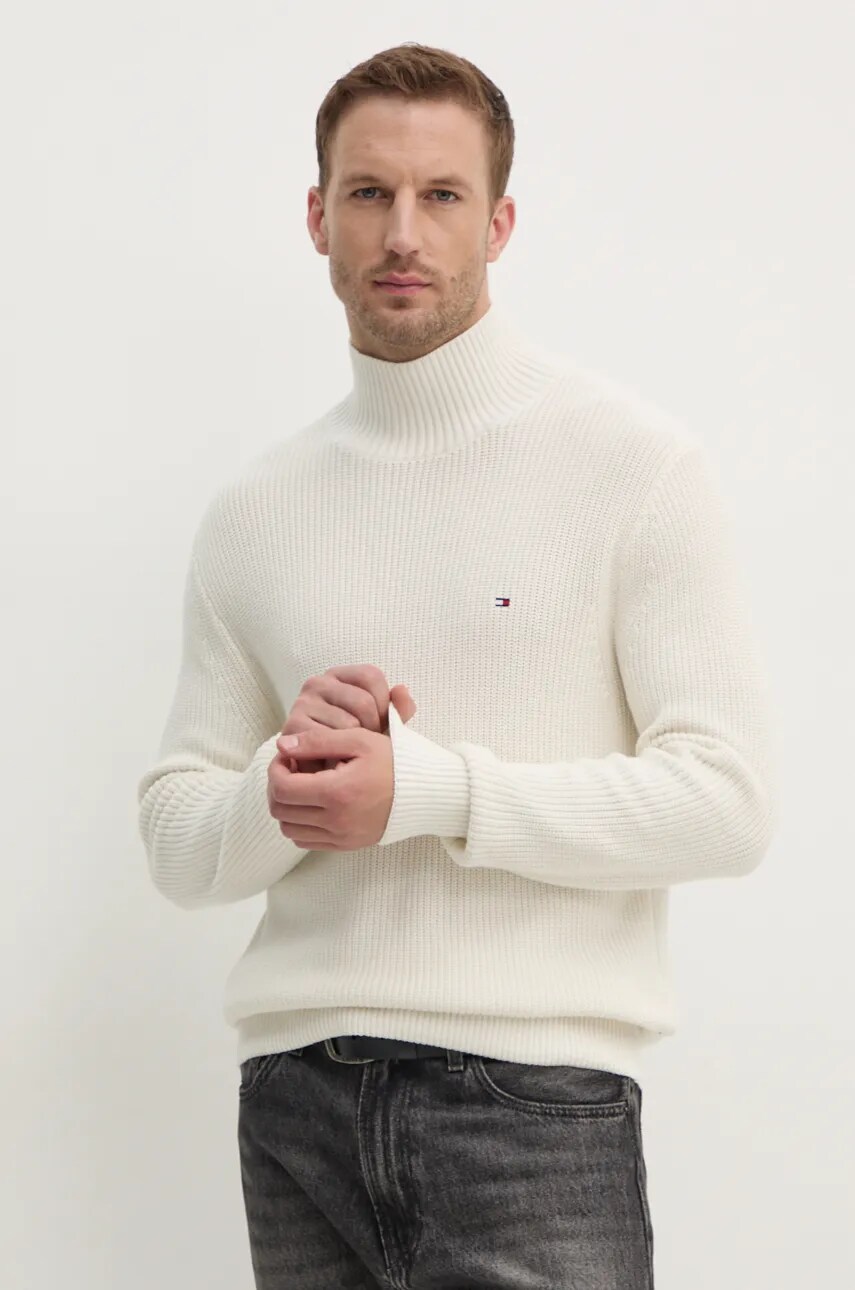 Levně Bavlněný svetr Tommy Hilfiger béžová barva, lehký, s golfem, MW0MW37328
