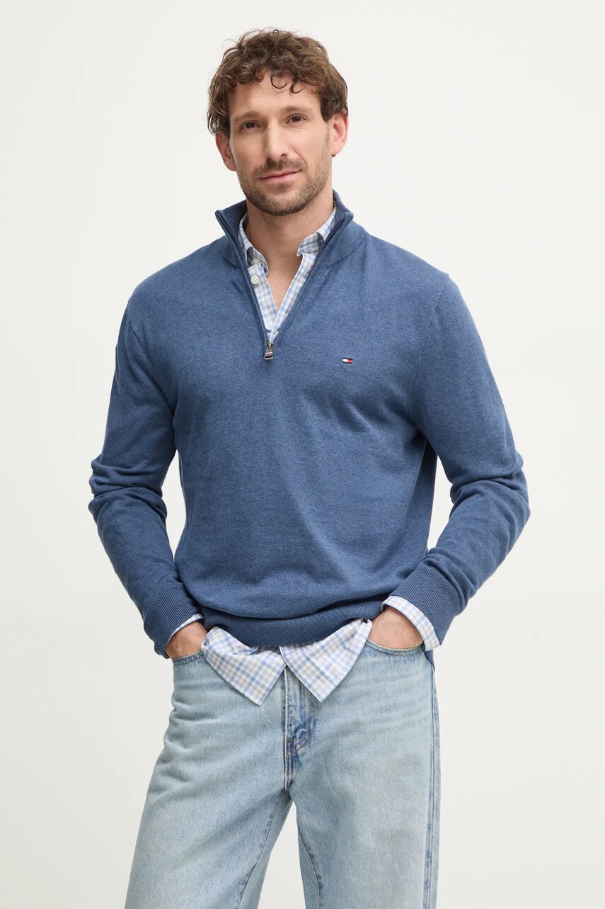 Levně Bavlněný svetr Tommy Hilfiger modrá barva, lehký, s pologolfem, MW0MW37331