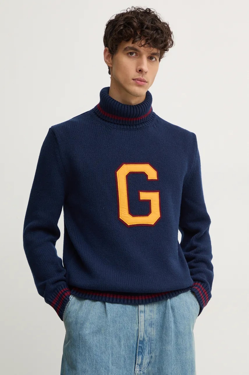 Gant pulover din amestec de lana barbati, culoarea albastru marin, cu guler, 8030218 Gant pulover din amestec de lana barbati, culoarea albastru marin, cu guler, 8030218