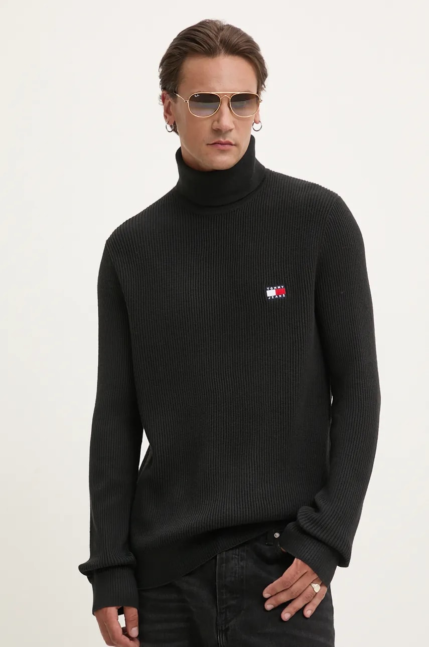 Tommy Jeans pulover din amestec de lana barbati, culoarea negru, light, cu guler, DM0DM19434
