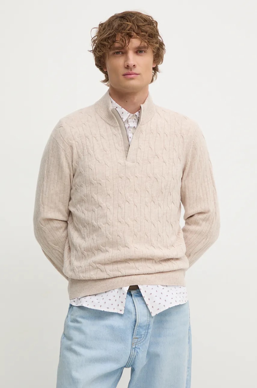 Hackett London pulover de lana barbati, culoarea bej, light, cu turtleneck, HM703242