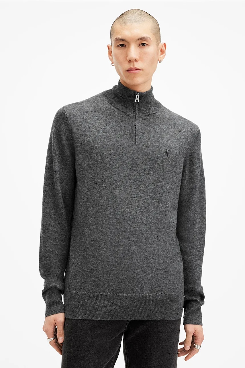 AllSaints pulover de lana KILBURN ZIP FUNNEL barbati, culoarea negru, M082KB AllSaints pulover de lana KILBURN ZIP FUNNEL barbati, culoarea negru, M082KB