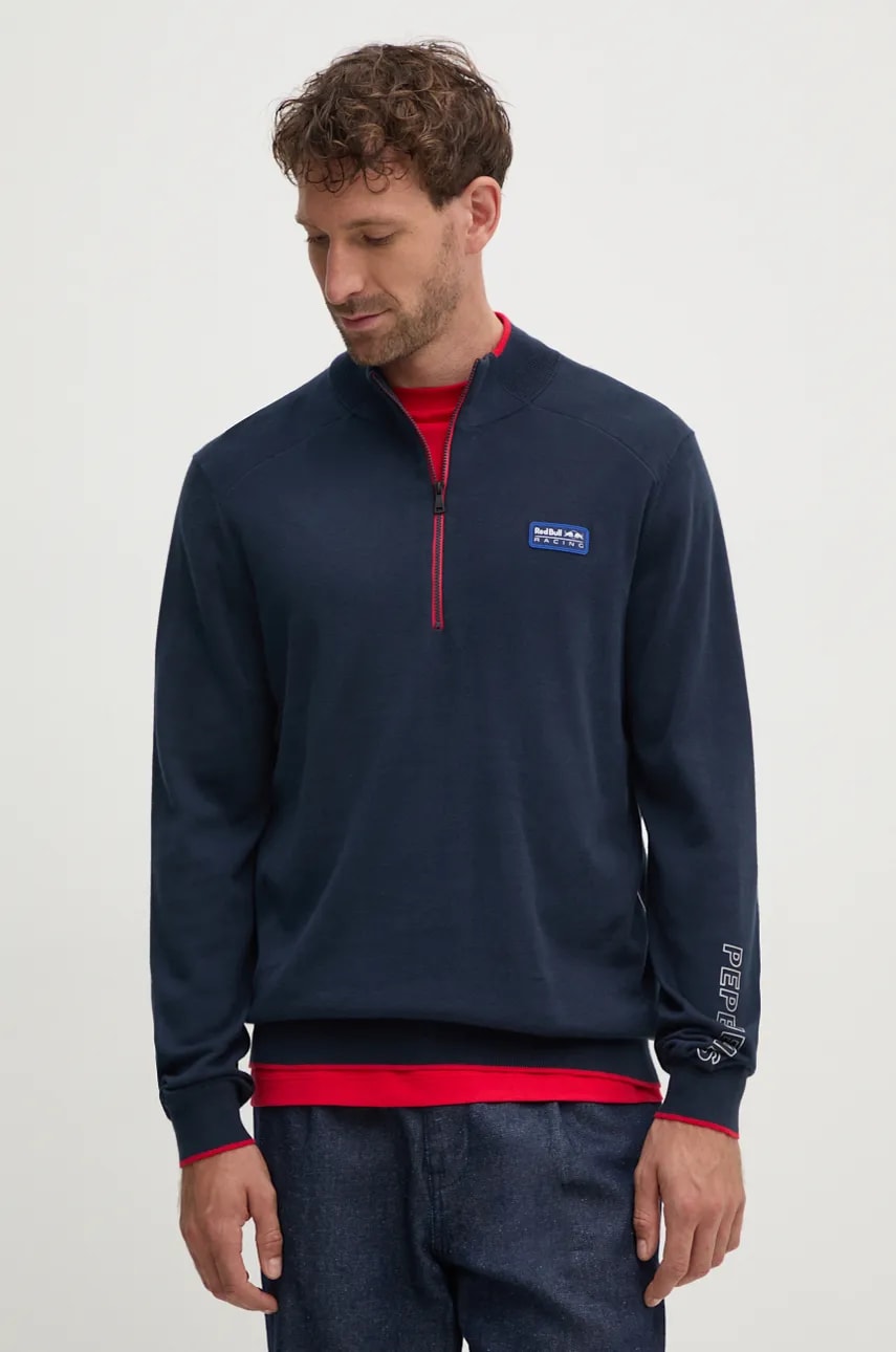 Pepe Jeans pulover de bumbac Red Bull Racing x Pepe Jeans culoarea bleumarin, light, cu turtleneck, RM700006 Pepe Jeans pulover de bumbac Red Bull Racing x Pepe Jeans culoarea bleumarin, light, cu turtleneck, RM700006