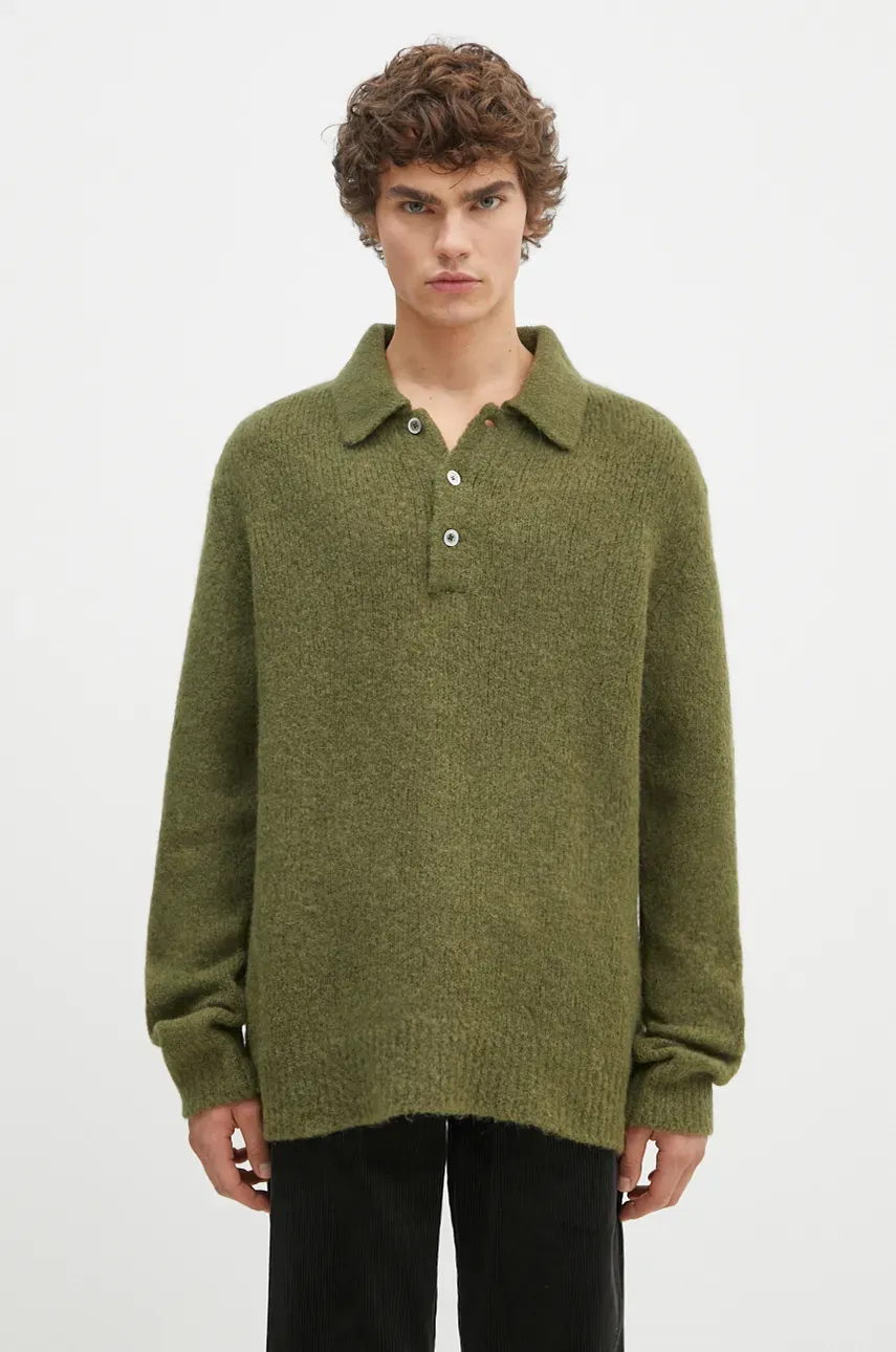 Vlněný svetr Norse Projects Rasmus Relaxed Brushed Polo pánský, zelená barva, N45.0614.8098