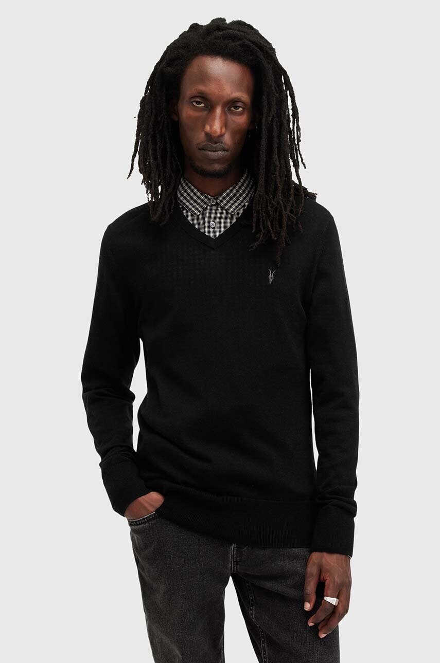 AllSaints pulover de lana MODE MERINO VNECK barbati, culoarea negru, light, M022KA AllSaints pulover de lana MODE MERINO VNECK barbati, culoarea negru, light, M022KA