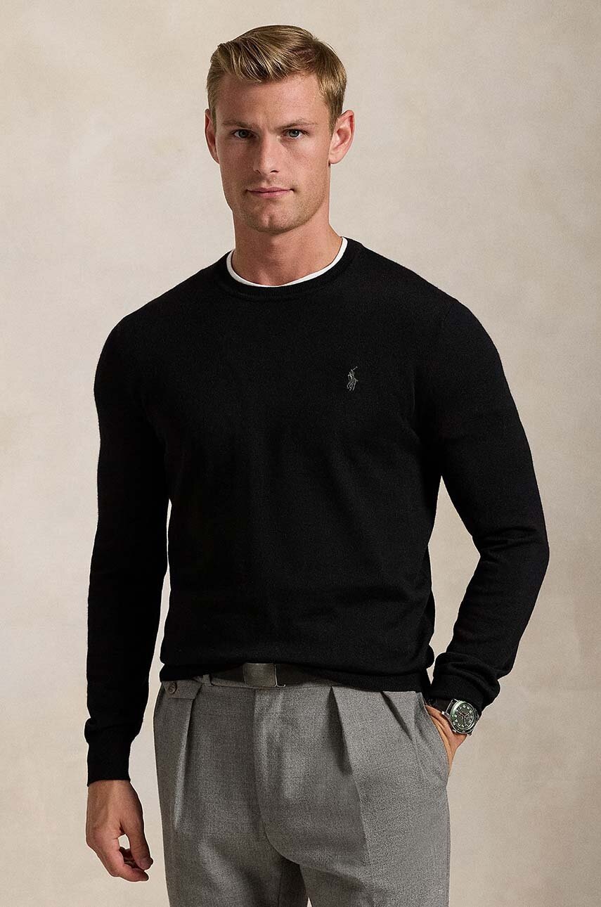 Levně Vlněný svetr Polo Ralph Lauren Merino Wool pánský, černá barva, lehký, 710946143004