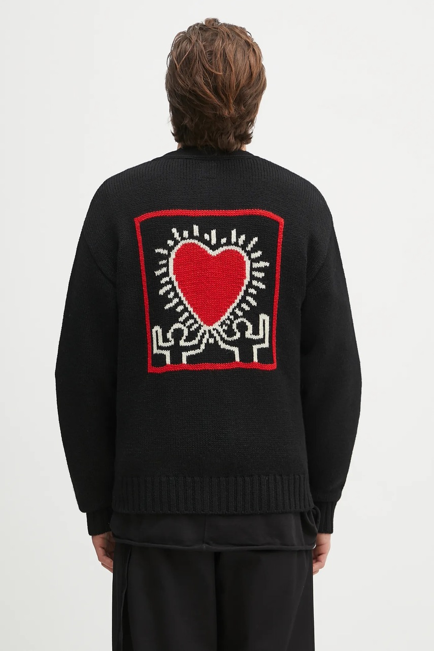 Vlněný kardigan Wacko Maria x Keith Haring pánský, černá barva, KH.WM.KN02