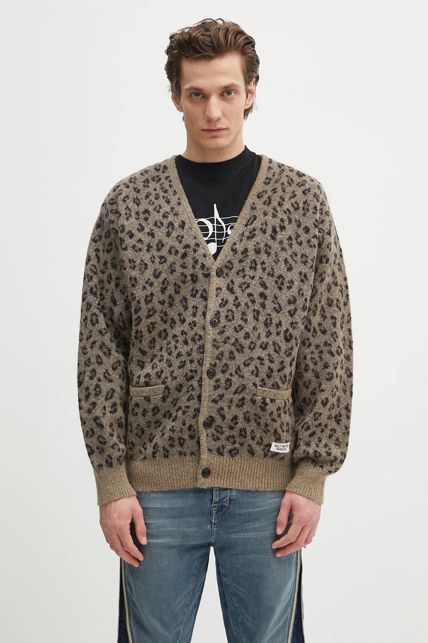 Vlněný kardigan Wacko Maria Leopard Mohair pánský, hnědá barva, 24FW-WMK-KN12