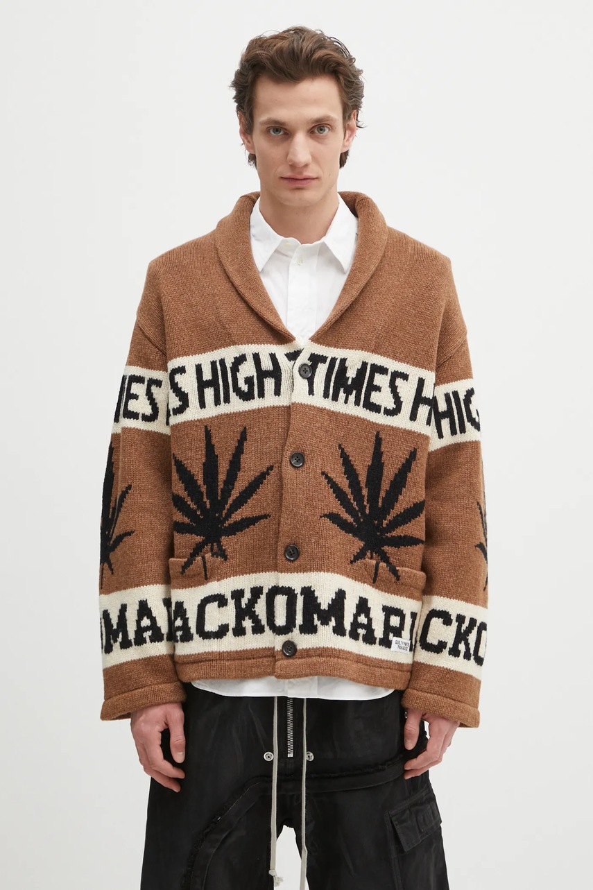 Vlněný kardigan Wacko Maria Hightimes pánský, hnědá barva, HIGHTIMES-WM-KN04