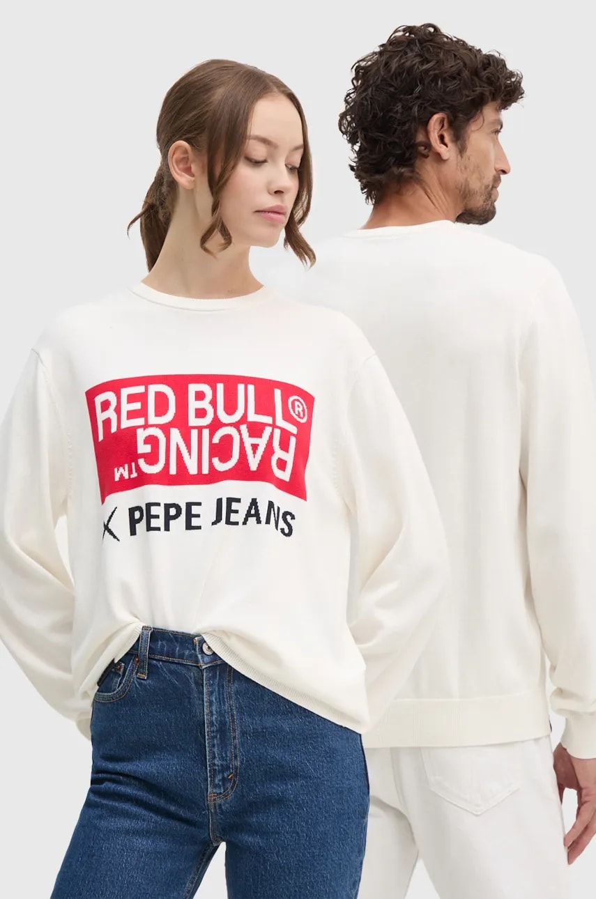 Pepe Jeans pulover de bumbac Red Bull Racing x Pepe Jeans culoarea bej, light, RU700002 Pepe Jeans pulover de bumbac Red Bull Racing x Pepe Jeans culoarea bej, light, RU700002