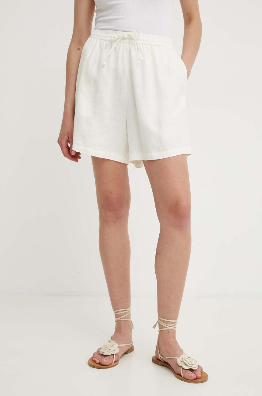 Samsoe Samsoe pantaloni scurti din in MAREN culoarea bej, neted, high waist, F23900001